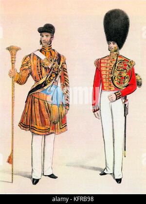 Tambourmajor und Bandsman der Grenadier Guards - 18. Jahrhundert französische Militärkapelle. Lithografie nach B. Clayton. Stockfoto