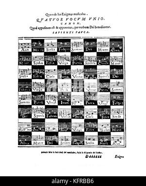 Musikalische Rätsel - Seite aus dem Buch "Erklärung der Instrumente" durch Bermudo, 1555. (Bermudo ilamado declaracio: El libro de instrumentos, veröffentlicht Ossuna.) "Que es de Rätsel musicales anmelden. Quavuor appositum Vocum Union Canon quod est & apponetur, perverbum Dei benedicetur Sapienti Pauca Stockfoto