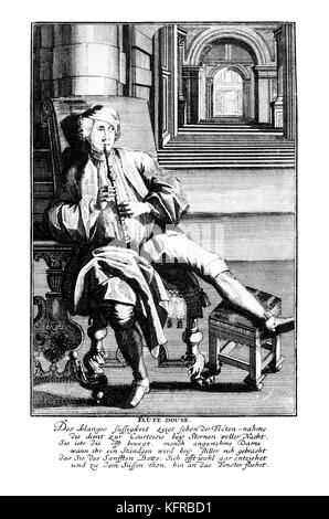 Mann spielt indizierten Recorder (flûte Regenschauer/flûte Douce / Flûte à Bec), 17. Kupferstich von J C Weigel (1661-1726) von "usicalisches Theatrum'. Stockfoto