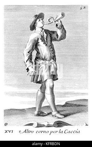 Der Mann mit der Posaune Horn - durch Kuriere und Jägern verwendet. Abbildung von Filippo Bonanni's 'Gabinetto Armonico" im Jahre 1723 veröffentlicht, Abbildung 16. Kupferstich von Arnold Van Westerhout. Bildunterschrift liest Altro corno per la Caccia Stockfoto