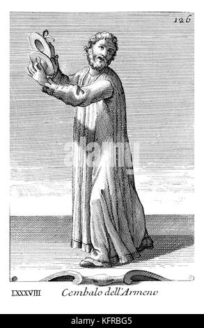 Cembalo dell'Armeno - flache Becken (Armenien). Von Streichern statt. Abbildung von Filippo Bonanni's 'Gabinetto Armonico" im Jahre 1723 veröffentlicht, Abbildung 88. Bildunterschrift: "Cembalo dell'Armeno". Kupferstich von Arnold Van Westerhout. Stockfoto