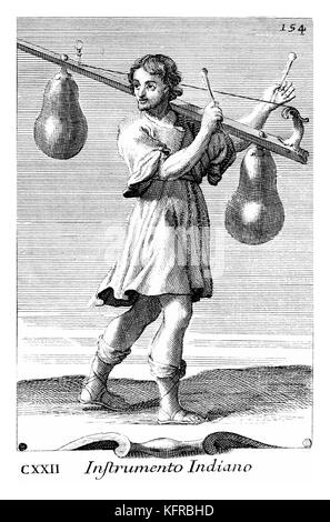 Instrumento Indiano - vina/Veena, einem einzigen String Instrument mit Schlägeln gespielt. Abbildung von Filippo Bonanni's 'Gabinetto Armonico" im Jahre 1723 veröffentlicht, Abbildung 122. Stockfoto