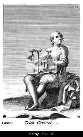 Trich Varlach - tricche - ballacche, Instrument aus Neapel, bestehend aus drei oder fünf Holzhämmern. Abbildung von Filippo Bonanni's 'Gabinetto Armonico" im Jahre 1723 veröffentlicht, Abbildung 123. Stockfoto