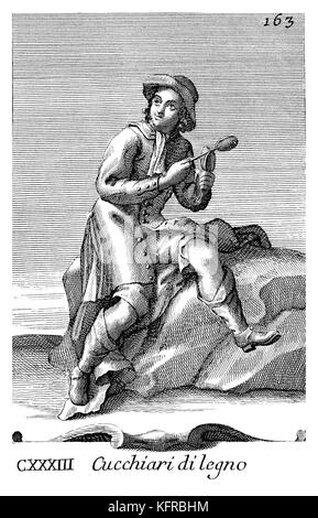 Cucchiari di Legno - Kochlöffel verwendet als Rauschen. Abbildung von Filippo Bonanni's 'Gabinetto Armonico" im Jahre 1723 veröffentlicht, Abbildung 133. Stockfoto