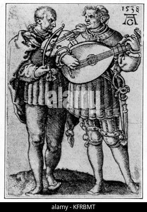 Viol und laute Spieler (1538). Gravuren aus dem 'Hochzeitstanzer' Serie von Heinrich Aldegrever. HA: Deutsche Maler und Kupferstecher, 1502 - 1555 oder 1561. Stockfoto