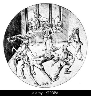 "Die maskierten Tänzer" (One-hand Flöte und Trommel). Kupferstich von Israel/Israhel van Meckenem. 1445-1503 Stockfoto