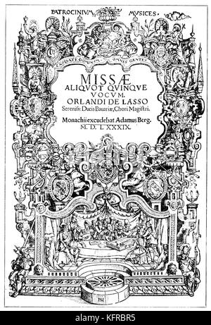 Titel - Seite 5 - Teil Massen, zweiter Teil von Orlando di Lasso" Patrocinium Musices", München, 1589. Adam Berg. Holzschnitt von Johannes Nell. Im unteren Raum: das Bild eines Orchesters von neun Instrumentalisten und 5 Sängerinnen und Sänger. Franko-flämischen Komponisten 1532 (evtl. 1530) - 14. Juni 1594. Stockfoto