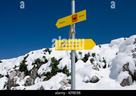 Ein Wegweiser auf einem hiing Trail im Winter Stockfoto