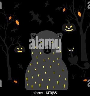 Erschreckend schwarzer Bär mit gelben Augen, leeren Sockel eyed Katze und Kürbisse mit glühenden Augen für Halloween Themen. Vector Illustration Stock Vektor