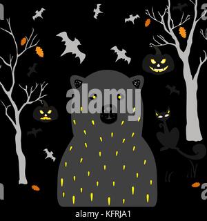 Erschreckend schwarzer Bär mit gelben Augen, leeren Sockel eyed Katze und Kürbisse mit glühenden Augen für Halloween Themen. Vector Illustration Stock Vektor