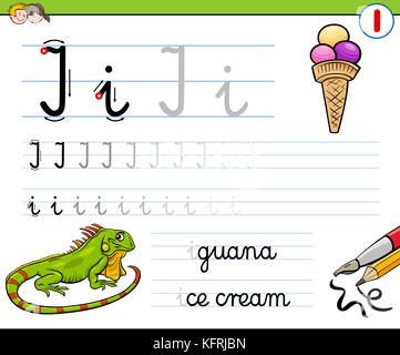 Cartoon Illustration der Schreiben Fähigkeiten üben mit Buchstaben i Arbeitsblatt für Vorschul- und Grundschulalter Kinder Stock Vektor