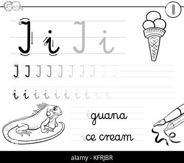 Schwarze und weiße Cartoon Illustration der Schreiben Fähigkeiten üben mit Buchstaben i Arbeitsblatt für Vorschul- und Grundschulalter Kinder buch Färbung Stock Vektor