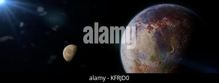 Schöne Exoplanet mit exomoon beleuchtet von einem Alien Star (3d-Grafik Banner) Stockfoto