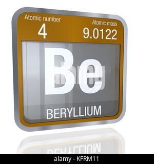 Berylliumsymbol in quadratischer Form mit metallischem Rand und transparentem Hintergrund mit Reflexion auf dem Boden. 3D-Rendering. Element Nummer 4 des per Stockfoto