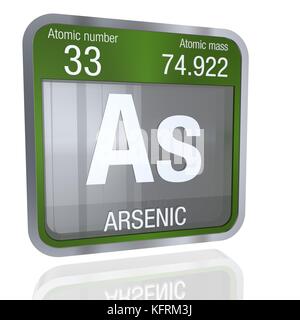 Arsensymbol in quadratischer Form mit metallischem Rand und transparentem Hintergrund mit Reflexion auf dem Boden. 3D-Rendering. Element Nummer 33 der Peri Stockfoto