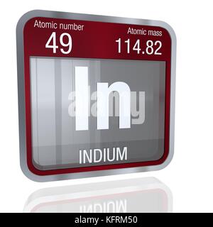 Indiumsymbol in quadratischer Form mit metallischem Rand und transparentem Hintergrund mit Reflexion auf dem Boden. 3D-Rendering. Element Nummer 49 der Perio Stockfoto