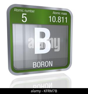 Bor-Symbol in quadratischer Form mit metallischem Rand und transparentem Hintergrund mit Reflexion auf dem Boden. 3D-Rendering. Element Nummer 5 der Periodi Stockfoto