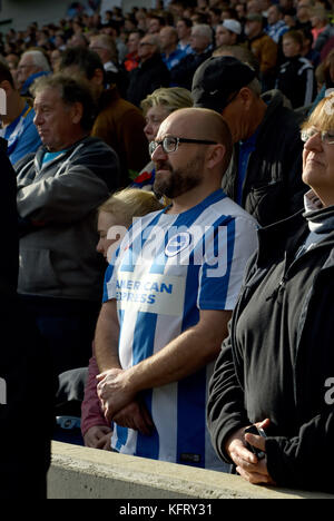 Fans während der schweigeminute im Premier League Match zwischen Brighton und Hove Albion und Southampton an der American Express community Stadion in Brighton und Hove. 29 Okt 2017 Editorial nur verwenden. kein Merchandising. für Fußball Bilder fa und Premier League Einschränkungen Inc. kein Internet/Mobile Nutzung ohne fapl Lizenz - für Details Kontakt Fußball dataco Stockfoto