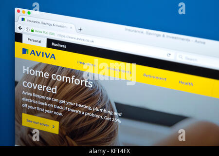 London, UK, 17. Oktober 2017: Die Homepage der offiziellen Website für Aviva, das britische multinationale Versicherungsunternehmen, die am 17. Oktober 2017. Stockfoto