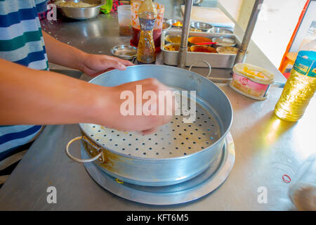 Pokhara, Nepal Oktober 10, 2017: Person kochen ein momo Lebensmittel über eine metallische Fach in der Küche, die Art der Südasiatischen Knödel in Tibet, Nepal, Bhutan und Sikkim in Nepal Stockfoto