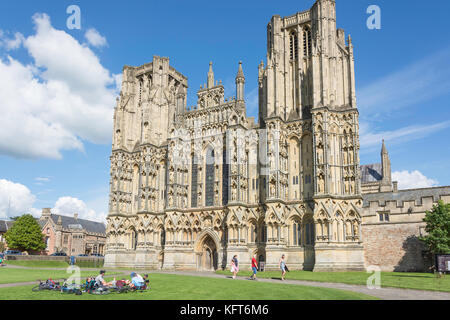 Westfassade der Kathedrale von Wells, Wells, Somerset, England, Vereinigtes Königreich Stockfoto