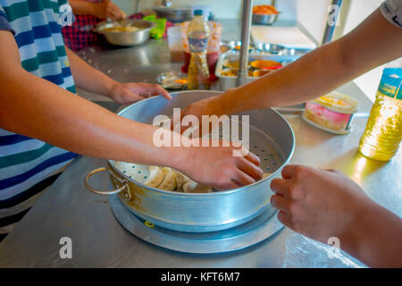 Pokhara, Nepal Oktober 10, 2017: Person kochen ein momo Lebensmittel über eine metallische Fach in der Küche, die Art der Südasiatischen Knödel in Tibet, Nepal, Bhutan und Sikkim in Nepal Stockfoto