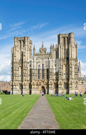 Westfassade der Kathedrale von Wells, Wells, Somerset, England, Vereinigtes Königreich Stockfoto