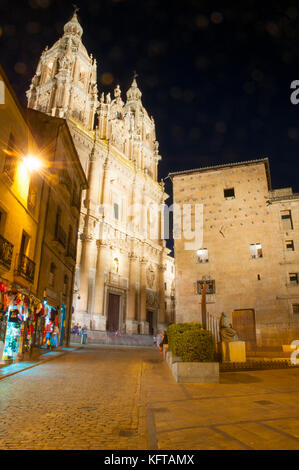 Clerecia Kirche und Muscheln Haus, Nacht. Salamanca, Spanien. Stockfoto