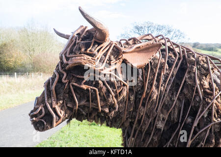 In der wilden Garten, ist 'Tarw' die Welsh Black Bull, Skulptur, von Sally Matthews. National Botanic Garden of Wales, Llanarthe, Carmarthenshire, Wales, Vereinigtes Königreich, Stockfoto