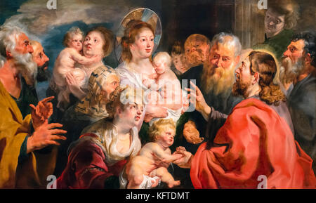 Die kleinen Kinder leiden zu mir kommen (Mk 10, 13-16) von Jacques Jordaens (1593-1678), Öl auf Leinwand, 1615-6 Stockfoto