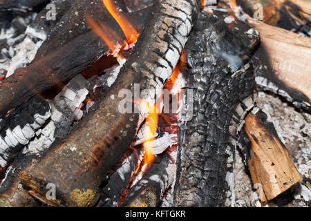 Brennendes Feuerholz in Brand Stockfoto