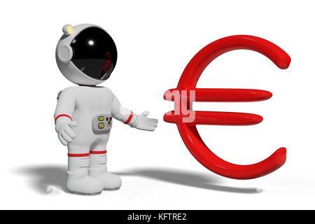 Astronaut in Rot euro Zeichen suchen, niedliche Zeichentrickfigur mit Währung Symbol auf weißem Hintergrund Stockfoto