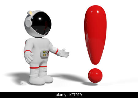 Astronaut, 3d cartoon Zeichen an roten Ausrufezeichen auf der Suche (3d-Abbildung auf weißem Hintergrund) Stockfoto