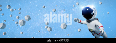 Niedliche Zeichentrickfigur astronaut im weissen Anzug fliegen zwischen geometrischen Objekten (3d-Grafik Banner) Stockfoto