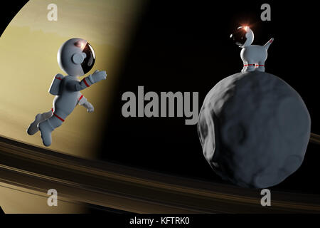 Cute cartoon Astronaut und Space Dog auf einem kleinen Mond in weißen Raumanzügen vor der Planet Saturn (3d-Abbildung) Stockfoto