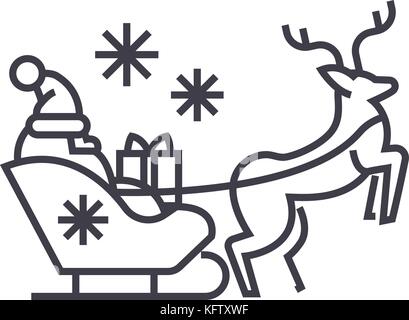 Weihnachtsmann im Schlitten mit hirsch vektor Symbol Leitung, Zeichen, Abbildung auf Hintergrund, editierbare Anschläge Stock Vektor
