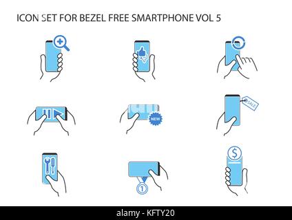 Vektor Icon Set von Hand mit rahmenlosen Smartphone in verschiedenen Positionen mit app Symbole für Wie, Abneigung, Streaming, Online-Banking, neue, synchr Stock Vektor