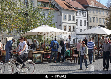 Ljubljana, Slowenien - 12. Oktober: Menschen bei antiken Markt in Ljubljana am 12. Oktober 2014. Die Käufer am neuen Platz Sonntag Markt in Ljubljana, sloven Stockfoto