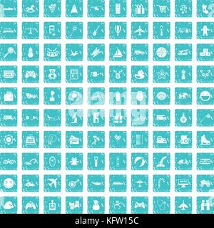 100 Spielzeug für Kinder Icons Set grunge Blau Stock Vektor