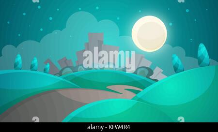 Cartoon Nacht Landschaft. Stadt, Mond, Baum, Straße Abbildung. ve Stock Vektor