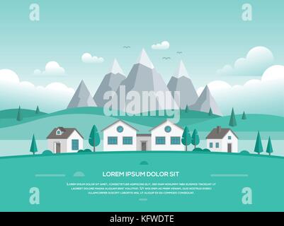 Landschaft mit Häusern, die durch die Berge - moderne Vector Illustration Stock Vektor