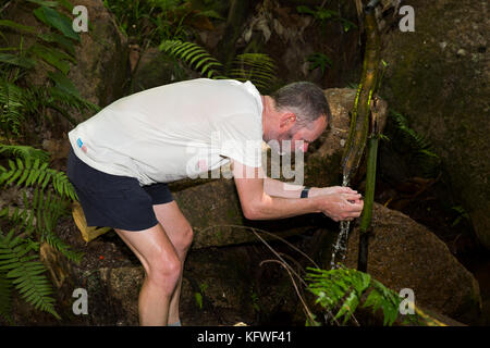 Die Seychellen, Praslin, Anse Marie-Louise, Fond Ferdinand Naturschutzgebiet, Naturlehrpfad touristische Abkühlung mit Wasser Stockfoto