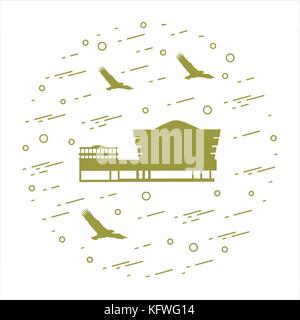 Der Solomon R. Guggenheim Museum in New York, USA und Silhouetten von einem hochfliegenden Adler in einem Kreis angeordnet. Symbole der USA. Stock Vektor