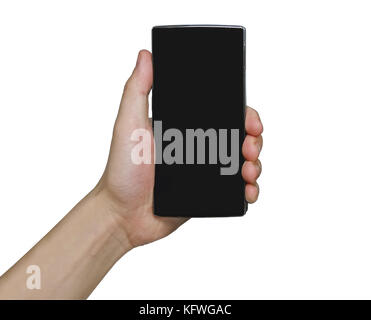 Hand, schwarz Smartphone mit leeren Bildschirm auf weißem Hintergrund Stockfoto