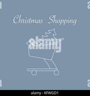 Shopping Cart mit Weihnachtsbaum und Geschenk. Neues Jahr und Weihnachten Symbole. Stock Vektor
