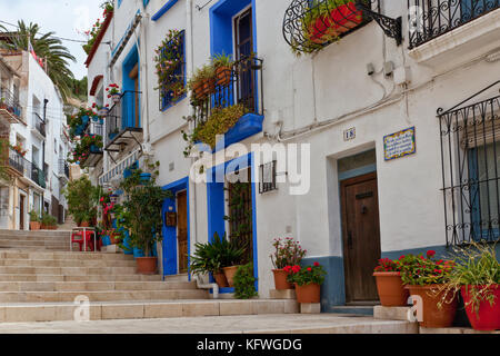 Typische Gasse in Alicante, Spanien mit Blumen entlang der Treppe Stockfoto