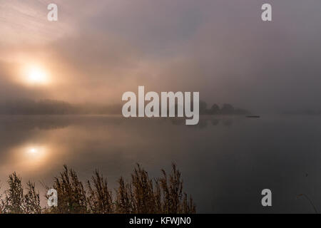 Ein nebeliger Morgen in craigavon City Park Seen Stockfoto