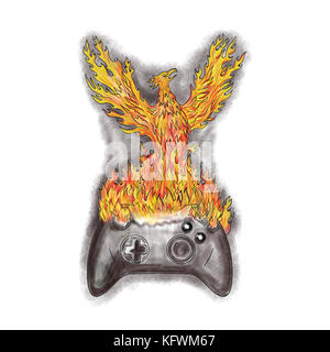 Tattoo Style Abbildung eines Vogel Phönix rising aus Feuer, Asche auf Game Controller. Stockfoto