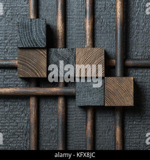 Auszug aus dunklem Holz block collage Hintergrund. Stockfoto