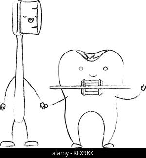 Cartoon paar Zahnbürste und Zahnpasta mit der Strebe in Schwarzweiß unscharfe Silhouette Stock Vektor